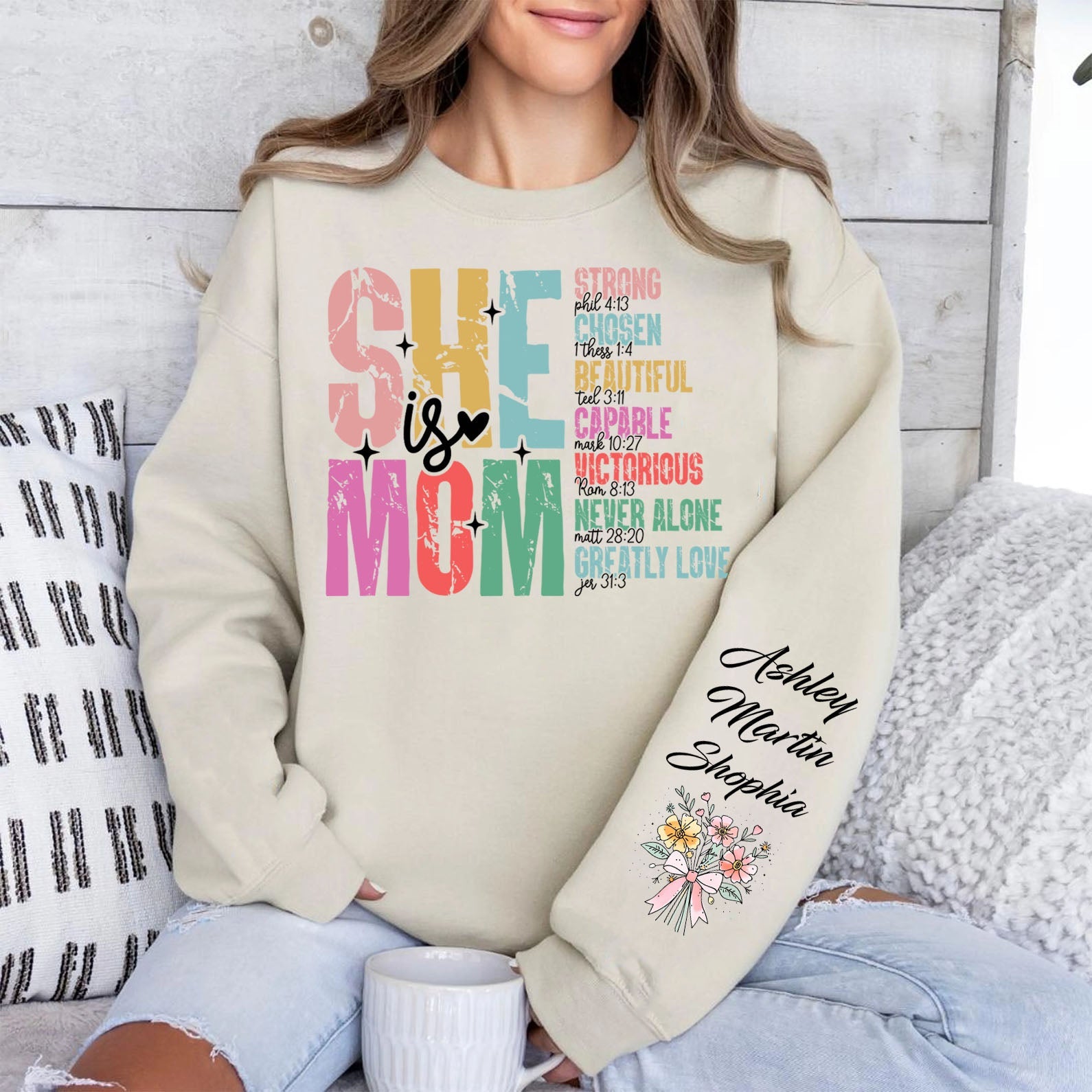 She is Mom Custom Name Shirt, Personalized Custom Sleeve Print Sweatshirt, Mother&amp;#39;s Day Gifts, Gift For Mom, Gift For Wife 682072