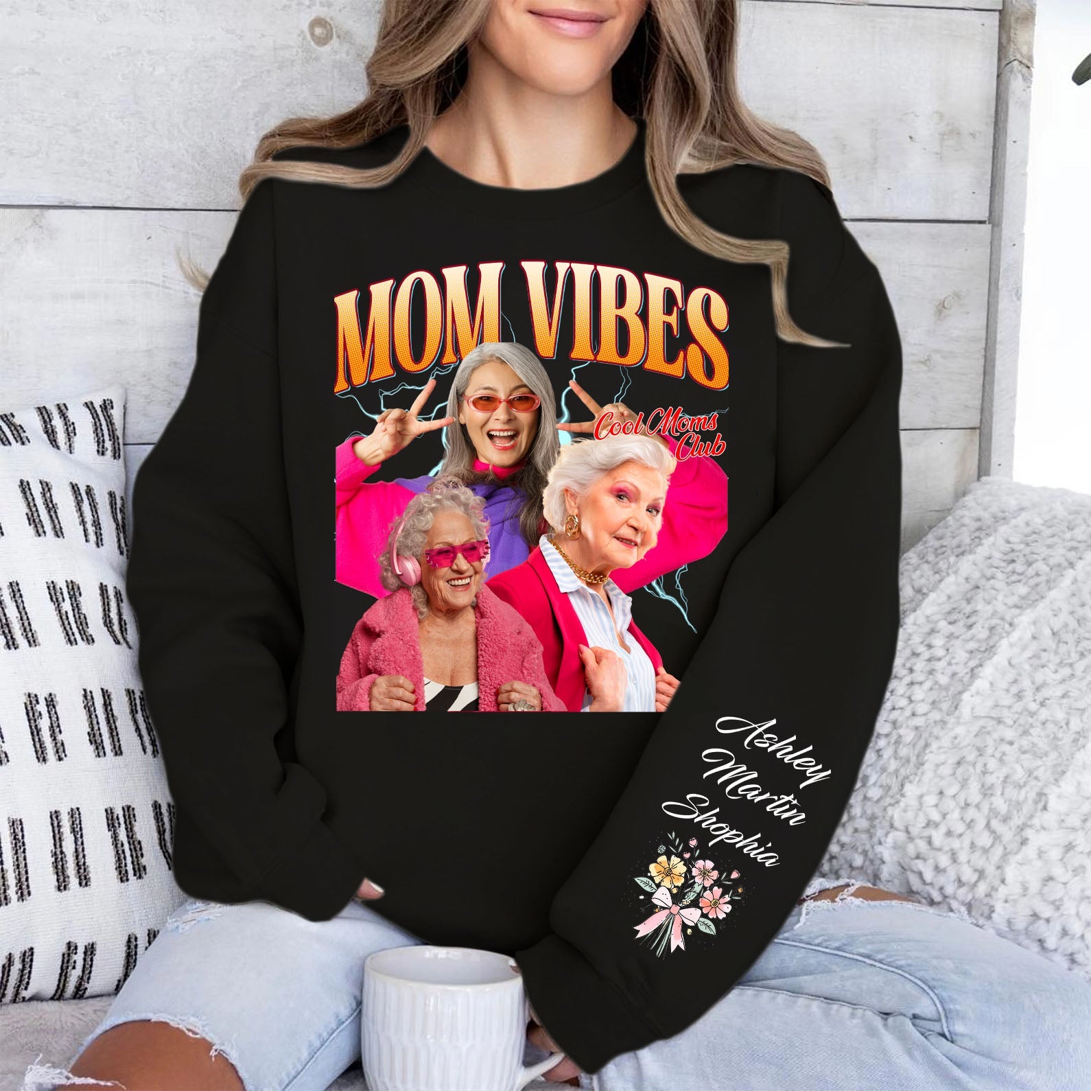 Mom Vibes Custom Name Shirt, Personalized Custom Photo Sleeve Print Sweatshirt, Mother&amp;#39;s Day Gifts, Gift For Mom, Gift For Wife 682073