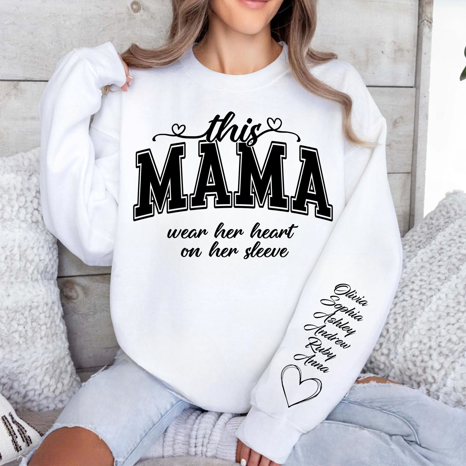 This Mama Wears Her Heart On Her Sleeve Custom Name Shirt, Personalized Custom Name Sleeve Print Bright Sweatshirt, Mother&amp;#39;s Day Gifts, Gift For Mom, Gift For Wife 682076