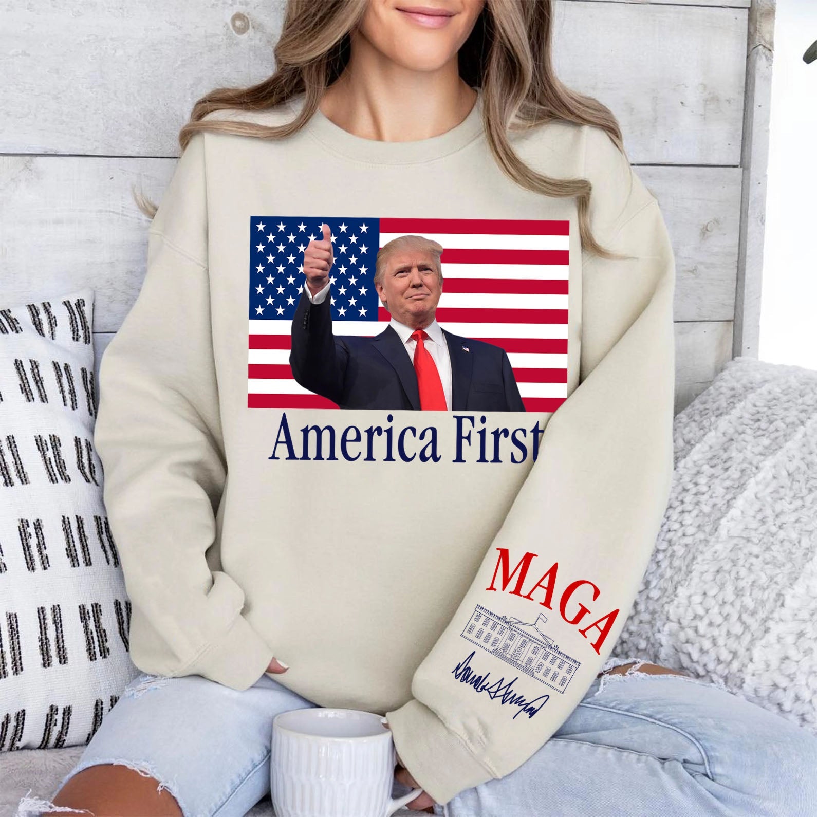 Trump America First Shirt, White House Donald Trump MAGA Sleeve Print Sweatshirt, Republican Gift 682078 - GOP