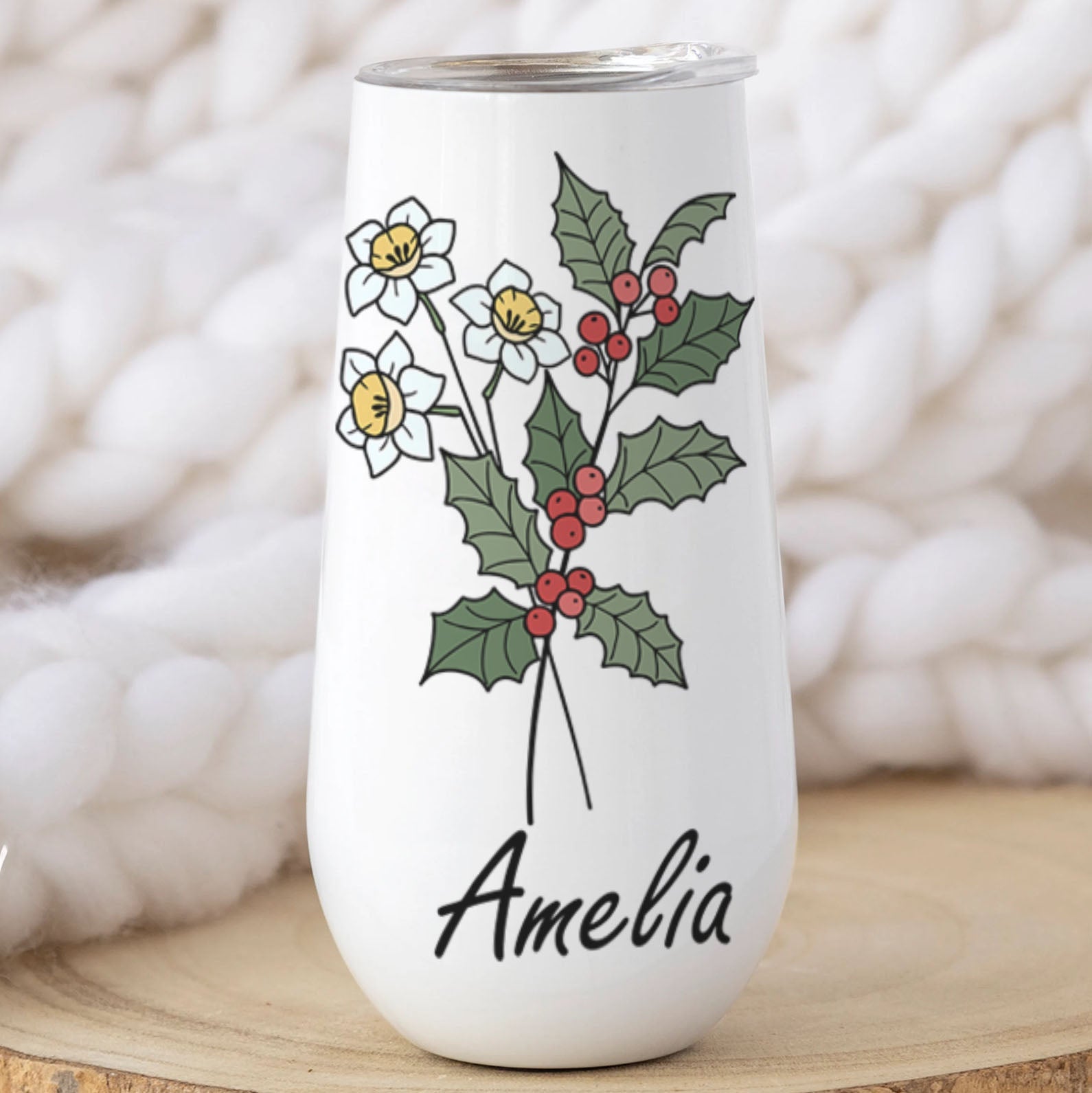 Custom Name With Birth Flower Curved 6oz Tumbler, Personalized Champagne Tumbler, Gift For Mom, Gift For Wife 682095