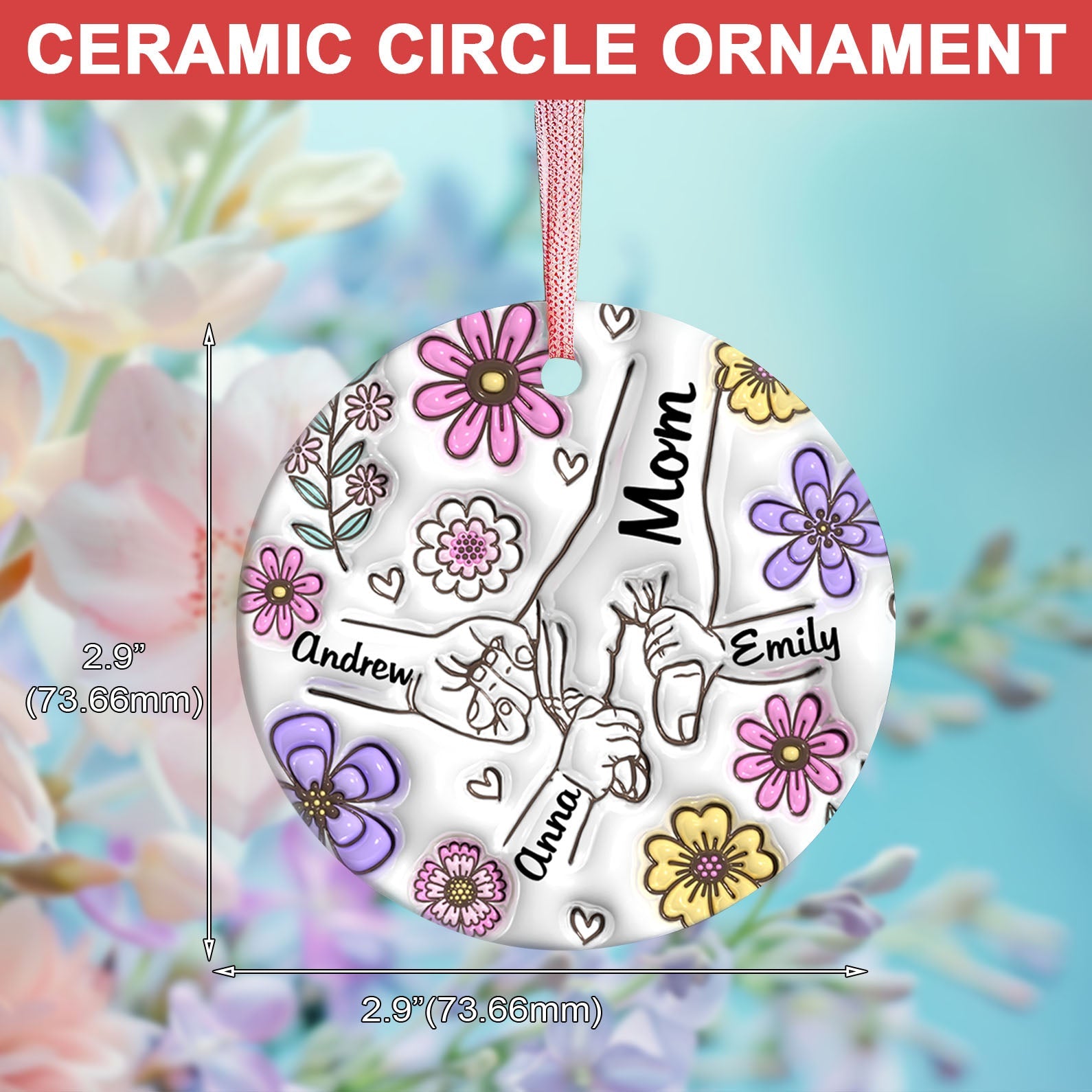 Mom You Hold Our Hands Present Circle Ornament, Personalized Custom Name and Title Mothers Day Ceramic Ornament, Family Gift, Gift for Mom, Gift for Wife 682128