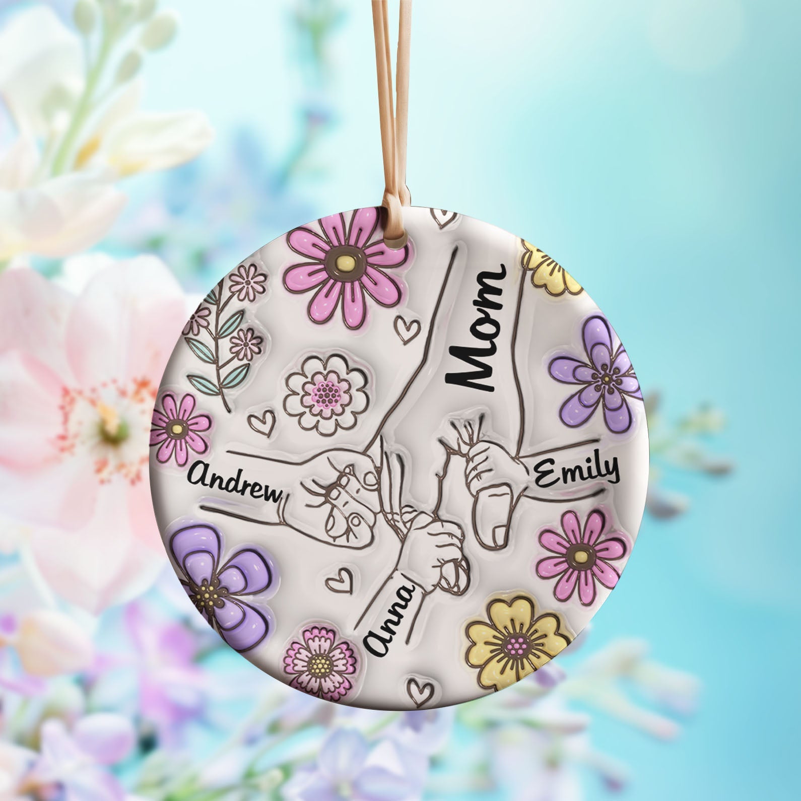 Mom You Hold Our Hands Present Circle Ornament, Personalized Custom Name and Title Mothers Day Ceramic Ornament, Family Gift, Gift for Mom, Gift for Wife 682128