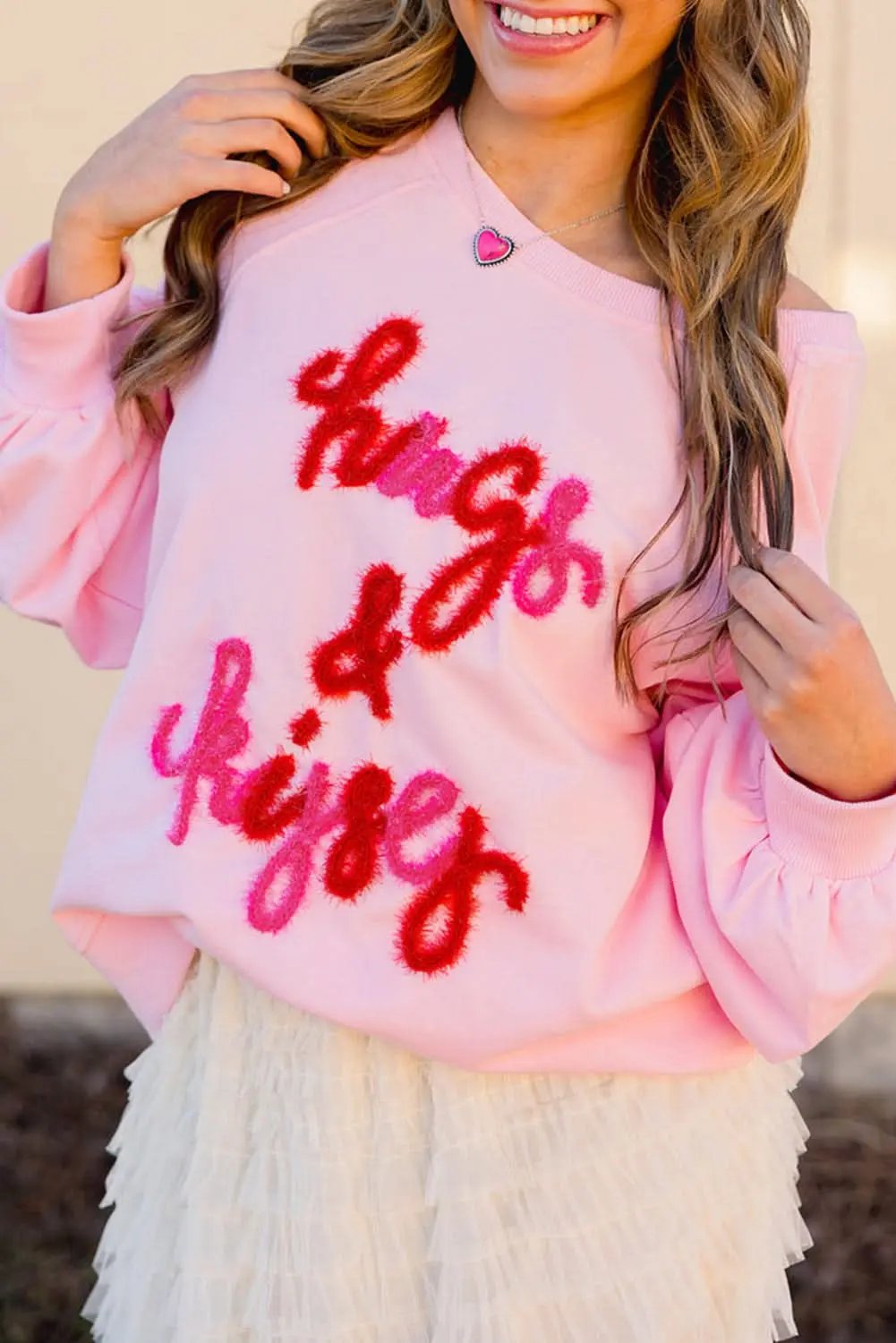 Love Salve Pink Embroidered Sweatshirt Women&amp;#39;s Casual Raglan Crew Neck Soft