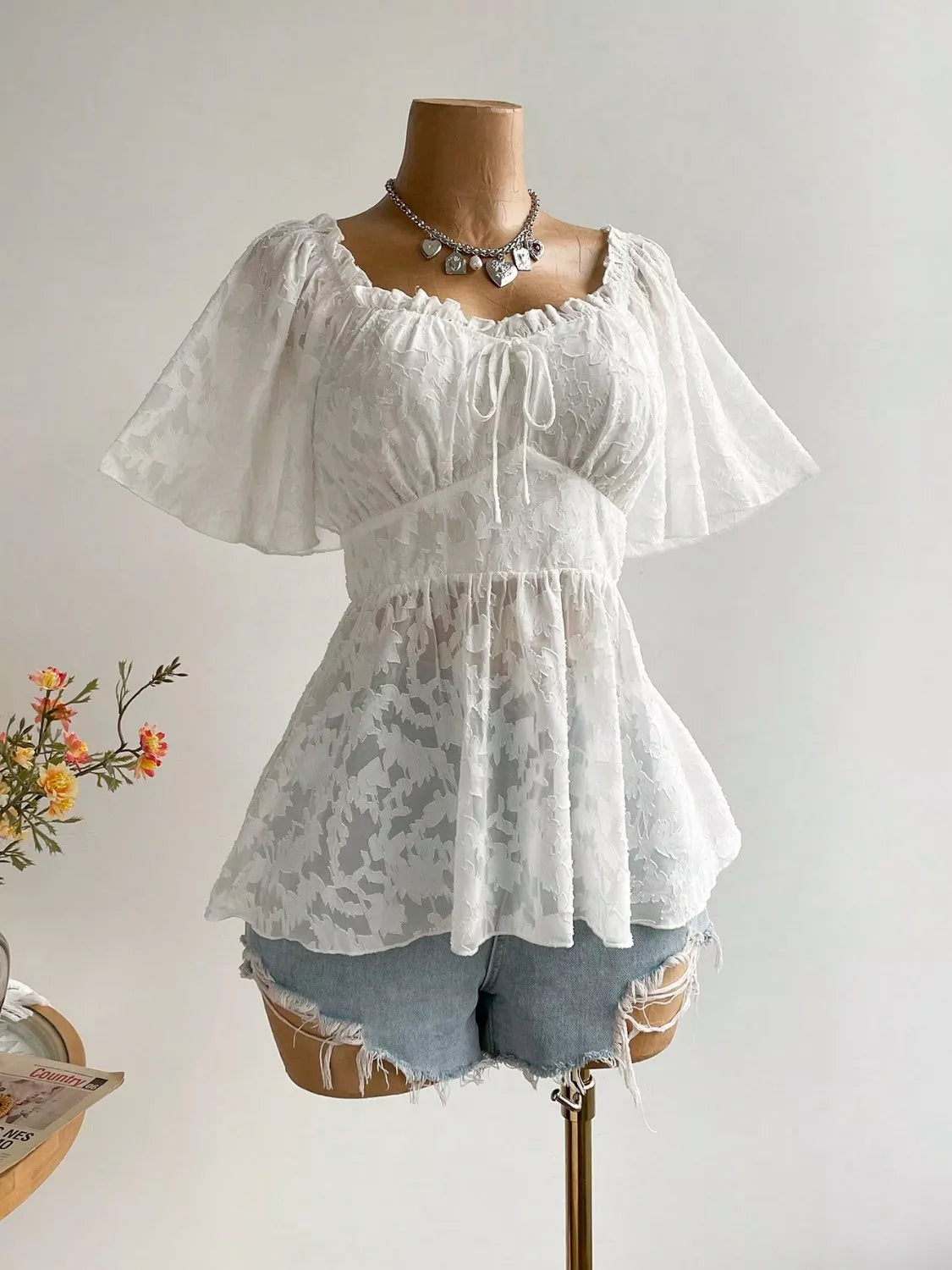 Plus Size Floral Flutter Sleeve Blouse with Smocked Back