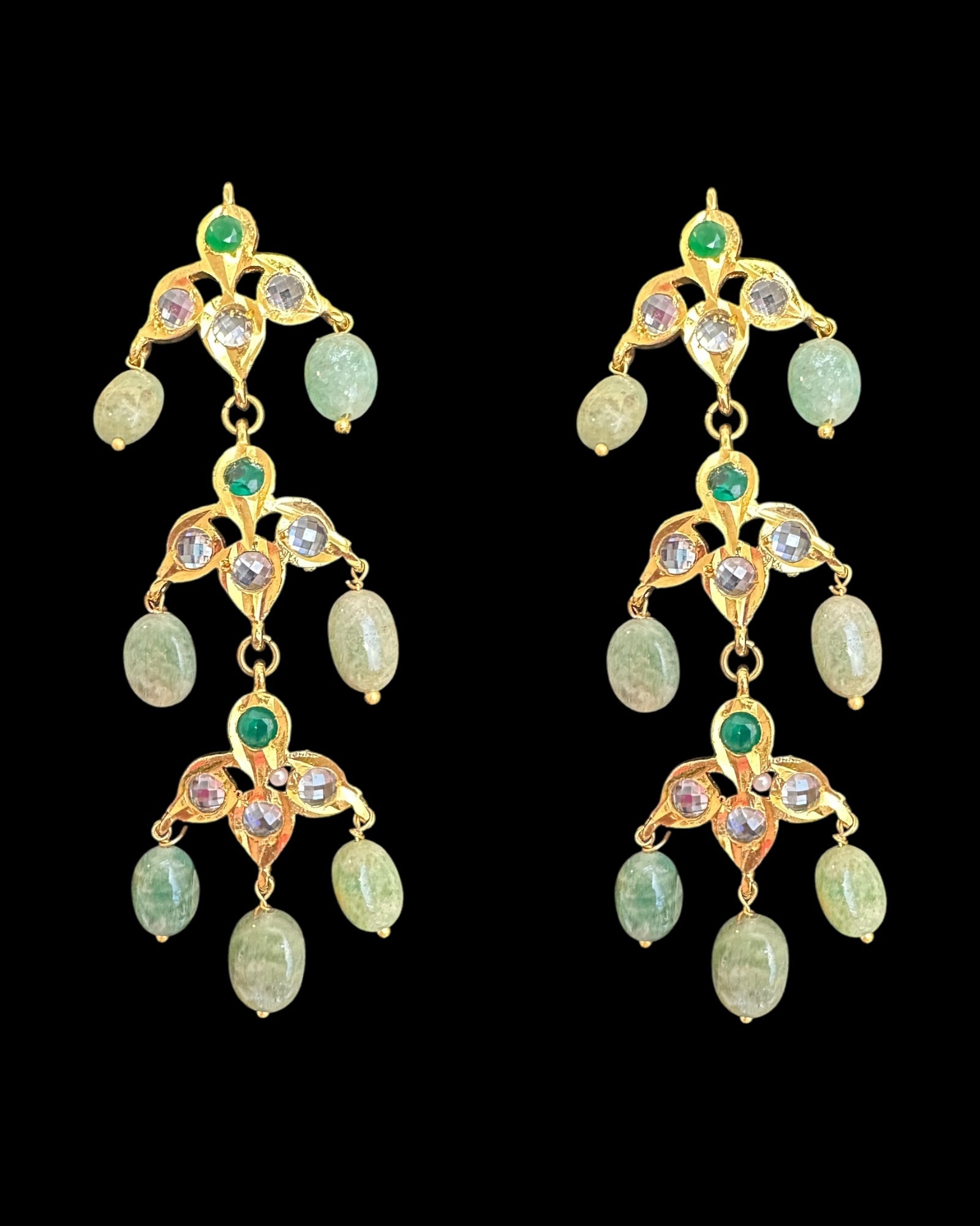 DER768 Savera Hyderabadi three layered earrings in emerald beads (READY TO SHIP )