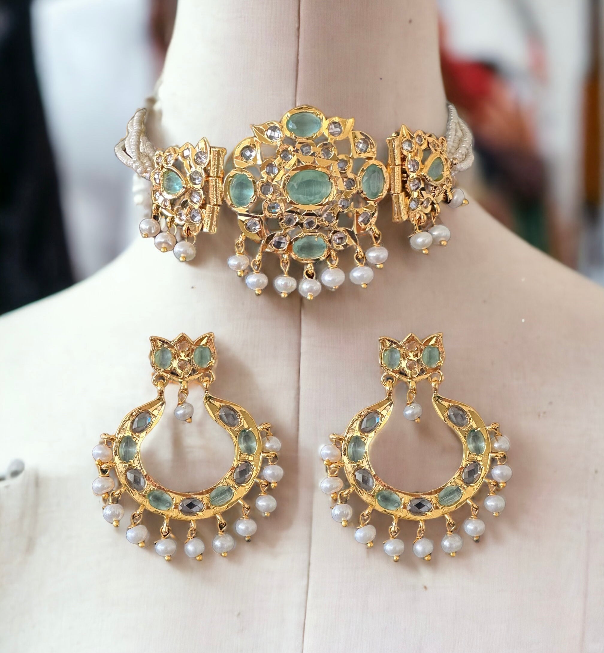 C304  MUSHK hyderabadi choker with earrings -MINT ( SHIPS IN 4 WEEKS )