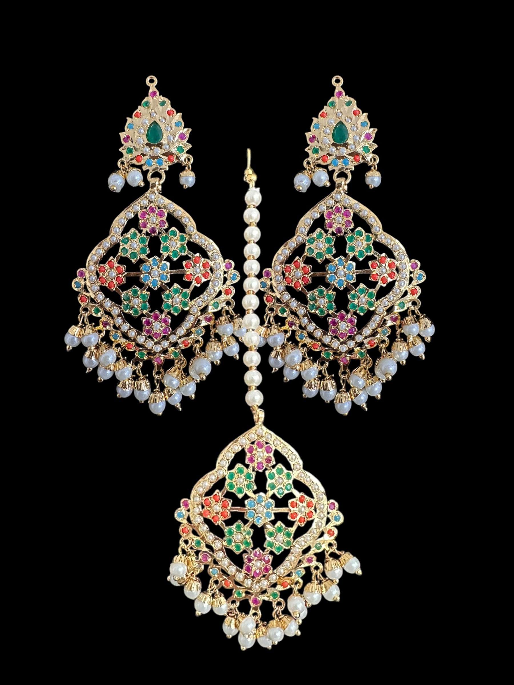 DJET92 Mehru Jadau chandbali earrings tika in navratan ( SHIPS IN 3 WEEKS )