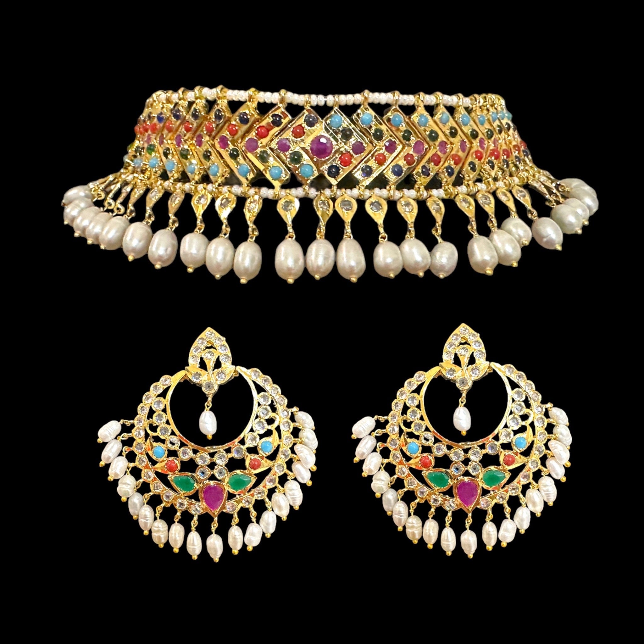 C295 MAHIRA v set in fresh water pearls- Navratan  (READY TO SHIP)