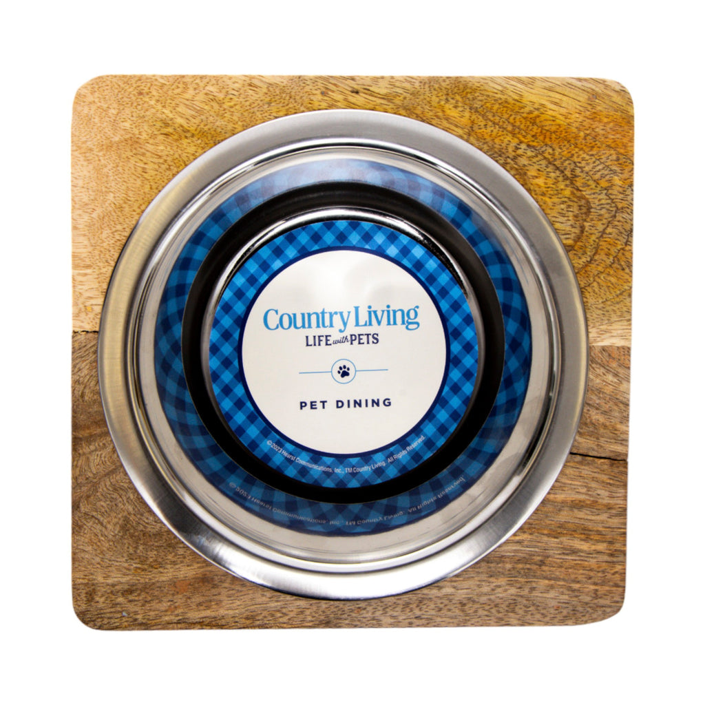 Country Living Elegant Stainless Steel Dog Bowl with Square Mango Wood Holder – 1 Quart