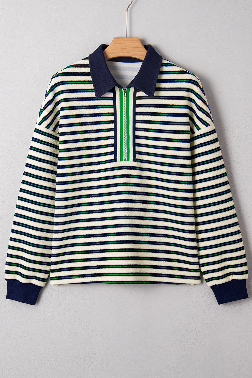 Stripe Contrast Trim Collared Zip Long Sleeve Top
