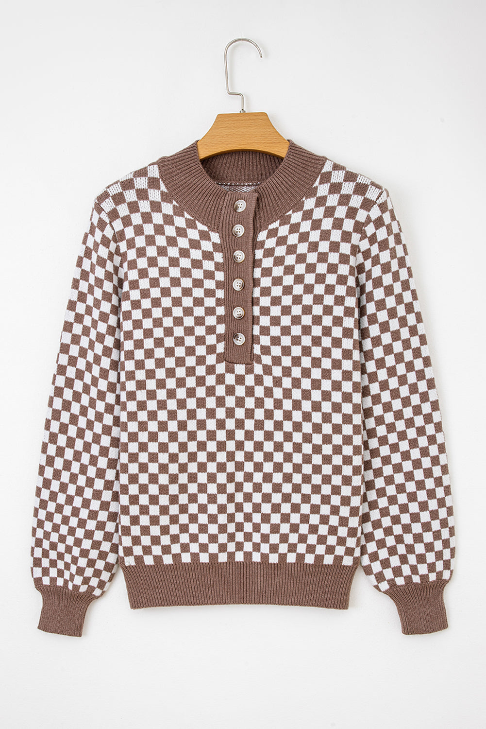 Checker Ribbed Trim Half-Button Sweater