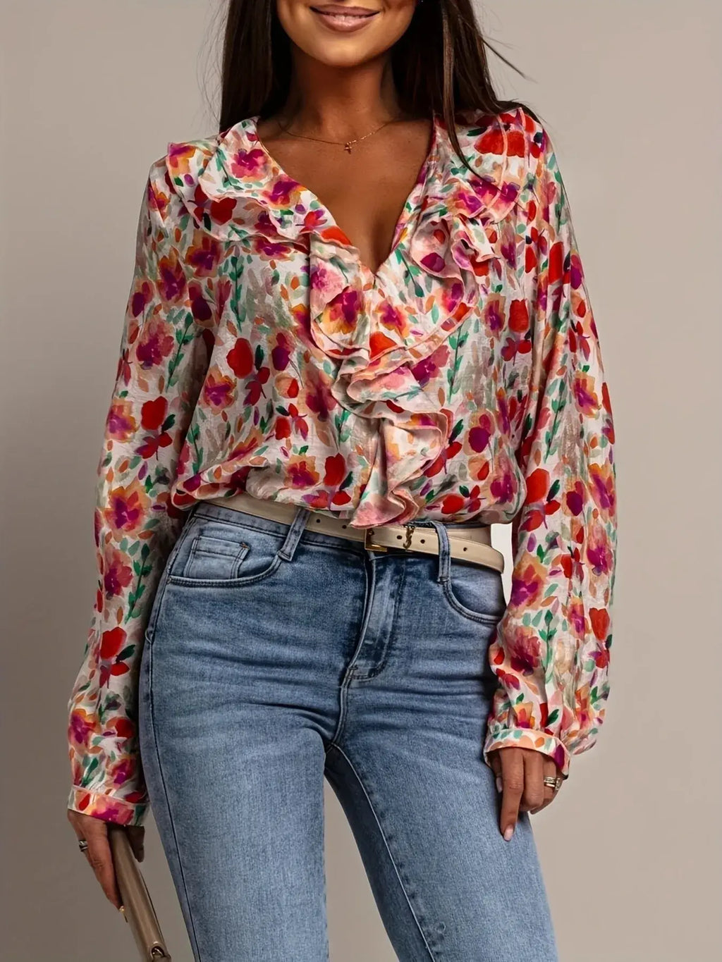 Floral Print Ruffle V Neck Long Sleeve Blouse For Women