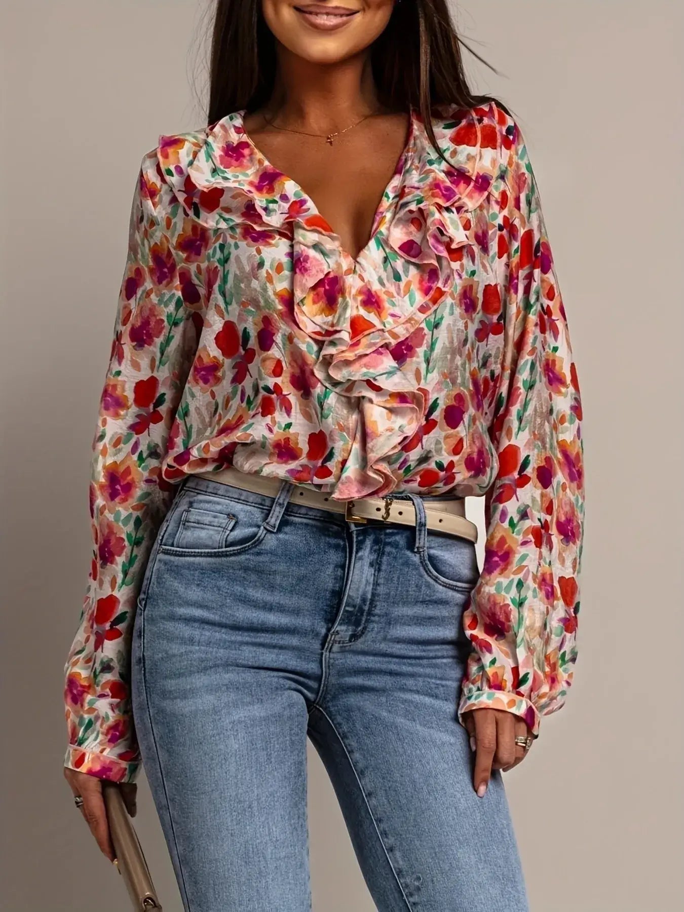 Floral Print Ruffle V Neck Long Sleeve Blouse For Women