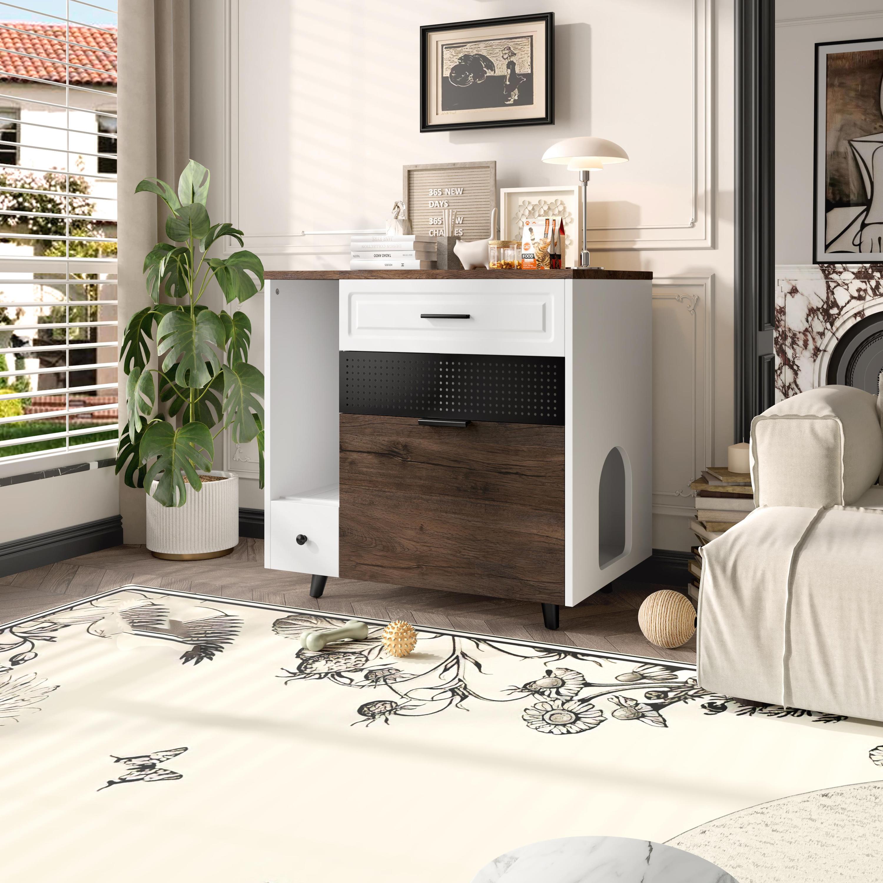 Cat Litter Box Enclosure, Indoor Hidden Cat Litter Box Furniture with 2 Drawers and Door, Cat House End Table for Living room, White and Brown