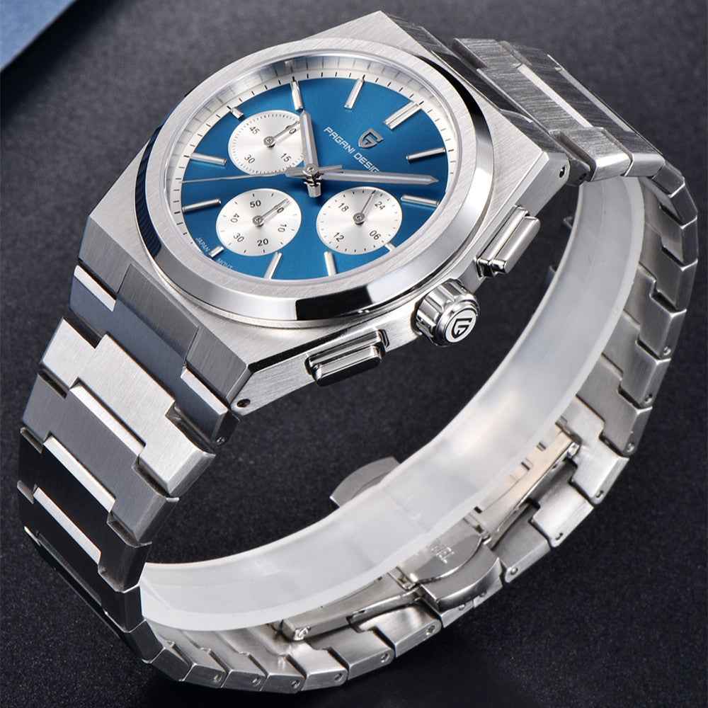 Men&amp;#39;s Blue Chronograph Watch - 100M Waterproof, Sapphire Crystal, Stainless Steel