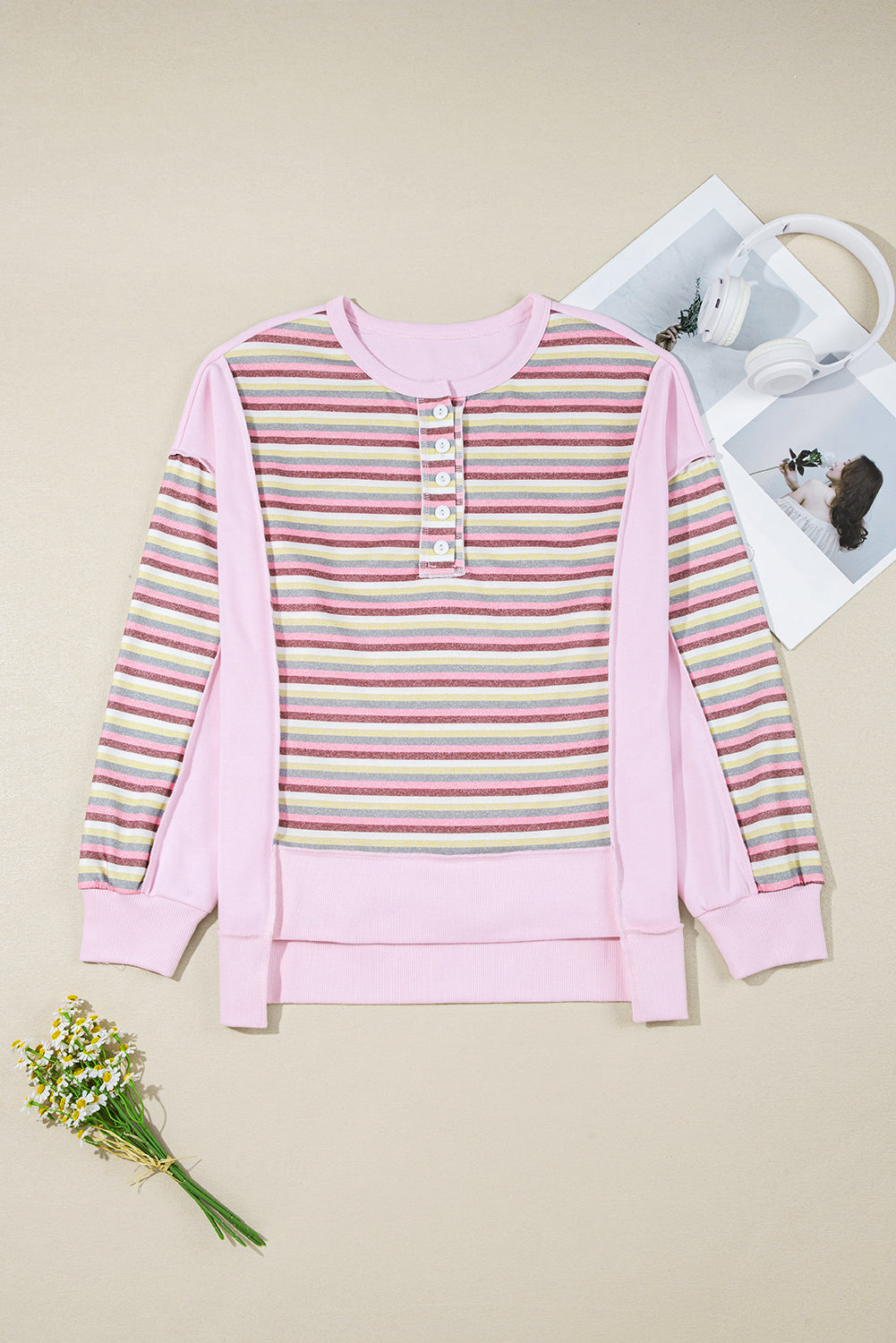 Stripe Patchwork Reverse Seam Henley Sweatshirt