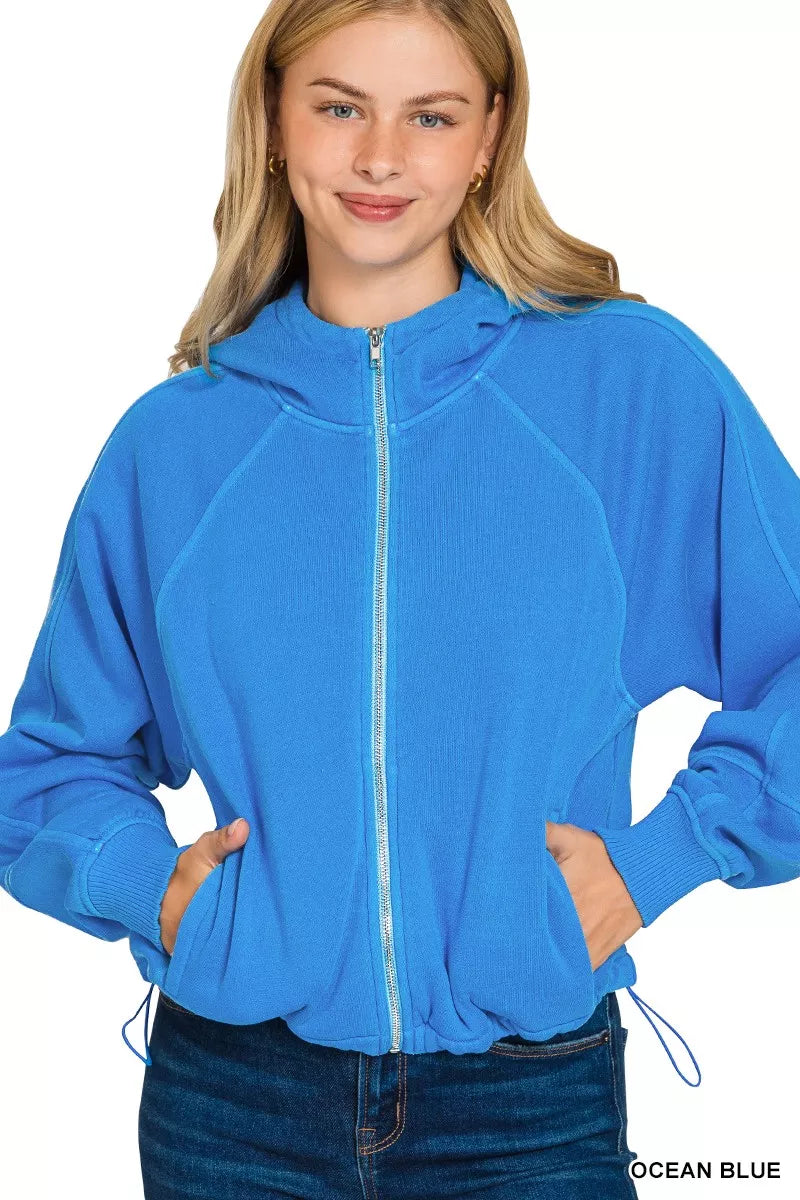 Zenana Fleece Pigment Dye Zip Up Hoodie with Pockets