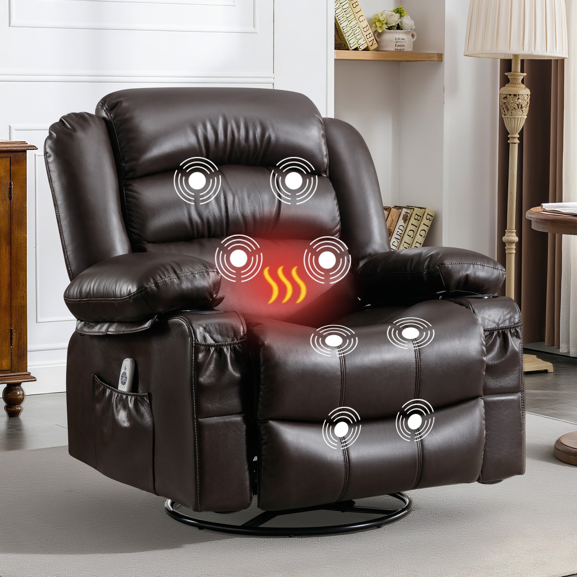 Massage Swivel Rocker Recliner Chair with Vibration Massage and Heat Ergonomic Lounge Chair for Living Room with Rocking Function and Side Pocket 2 Cup Holders USB Charge Port