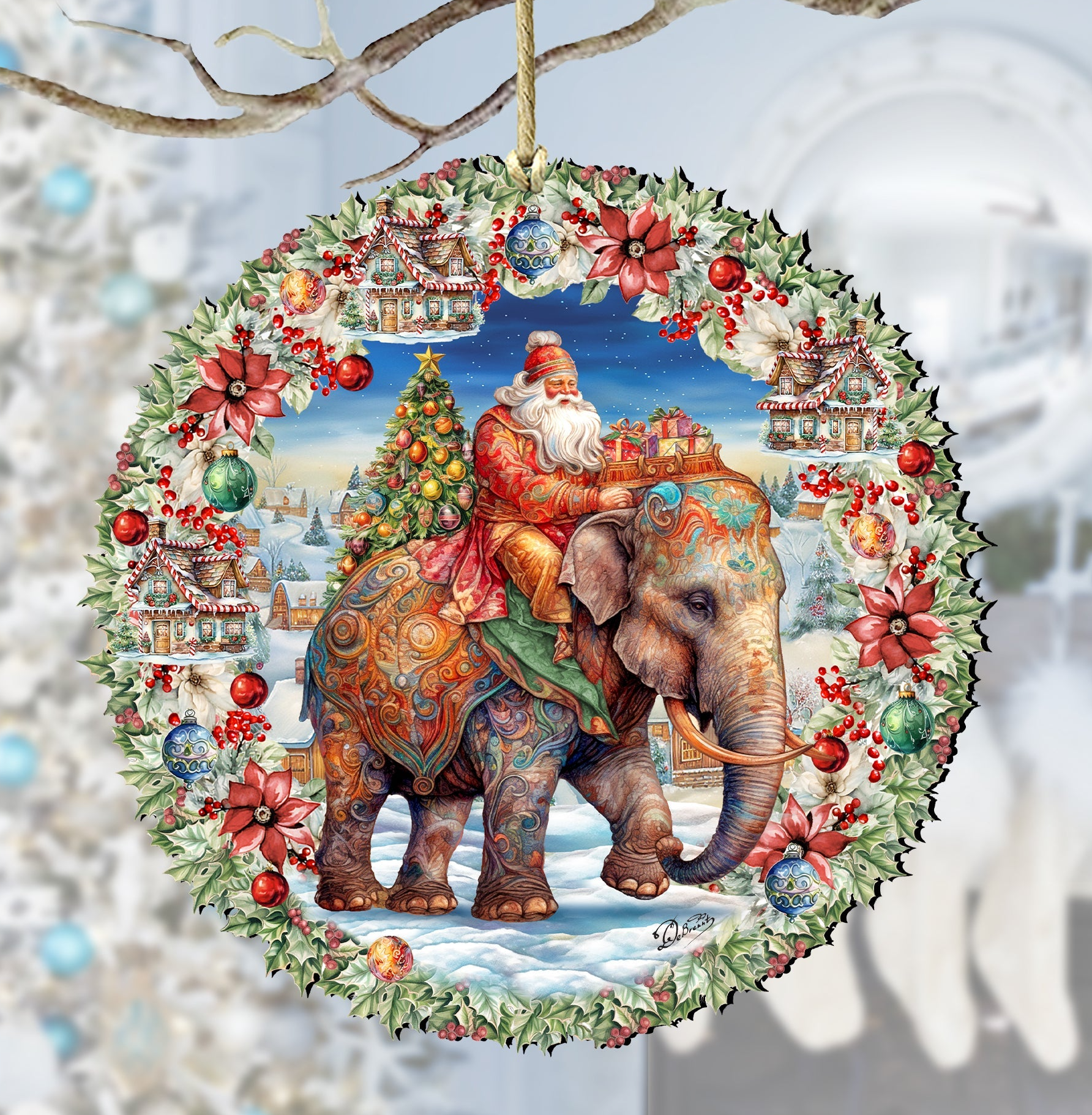Santa on Elephant Wreath Wooden Ornaments by G. Debrekht Christmas Santa Snowman Decor - 8611043