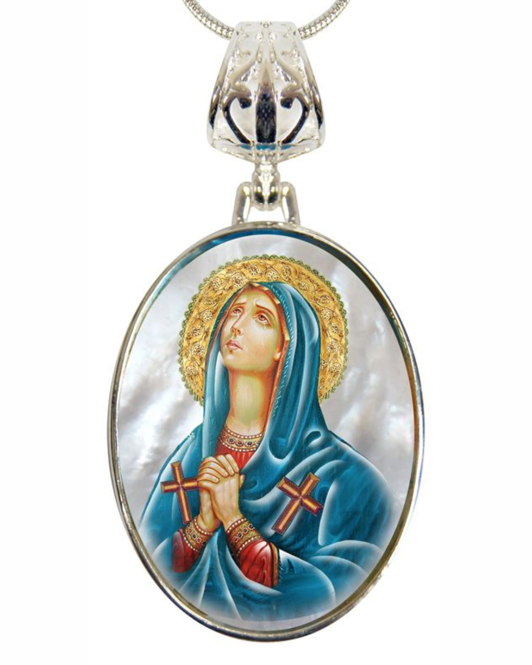 Mother of God Praying Silver Plated Mother of Pearl Necklace - 43014