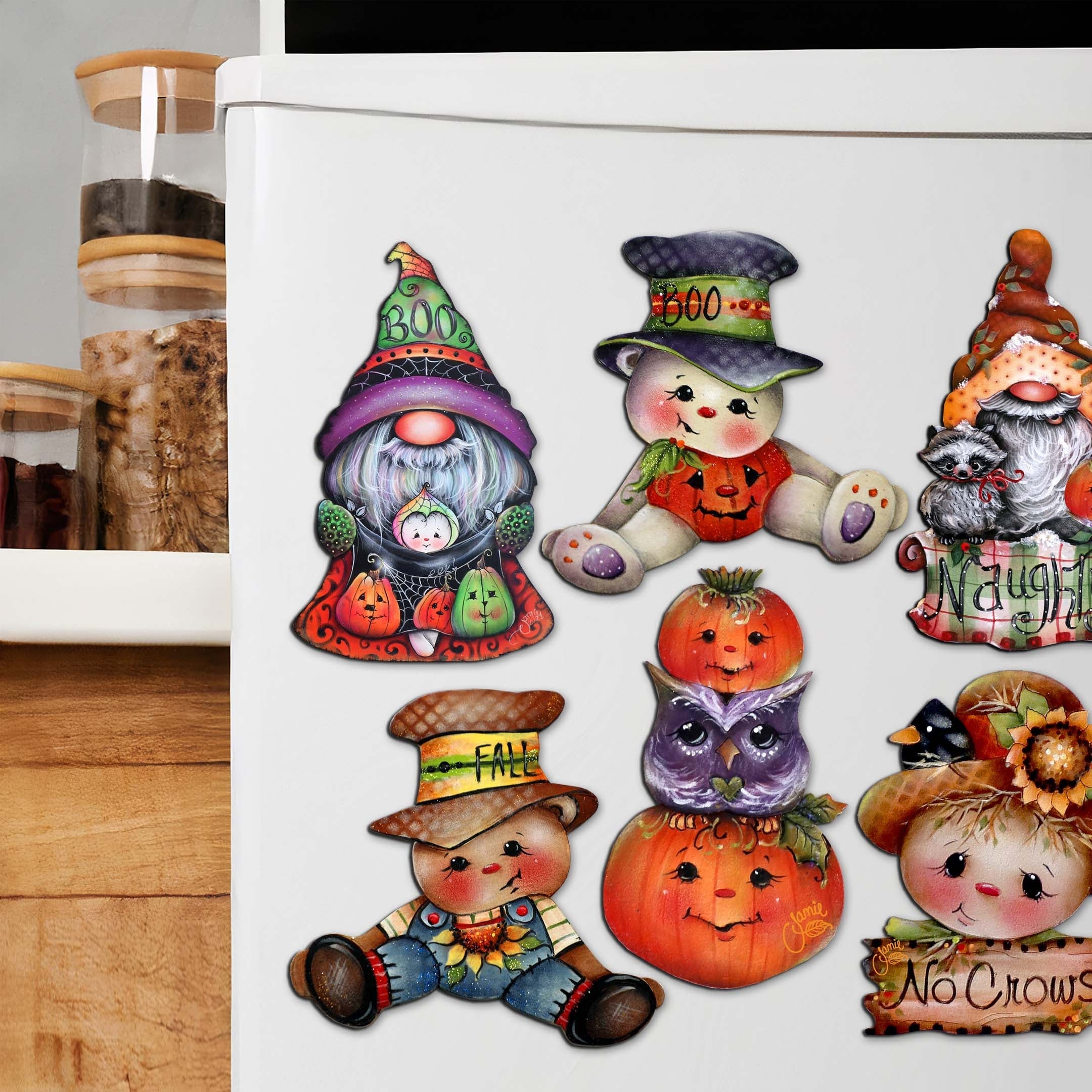 Hello Fall - Pumpkin, Scarecrow, Gnome Decorative Eco Wood Magnets Set of 6 by Jamie Mills-Price - Thanksgiving Decor - 8090047G-S6