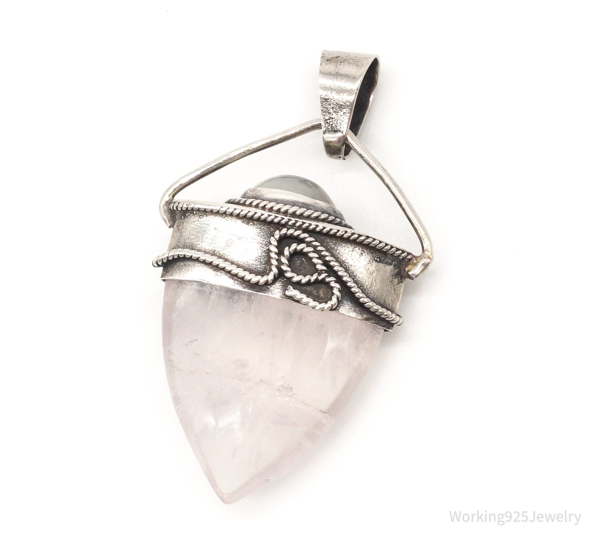 Vintage Large Rose Quartz White Moonstone Sterling Silver Pendant