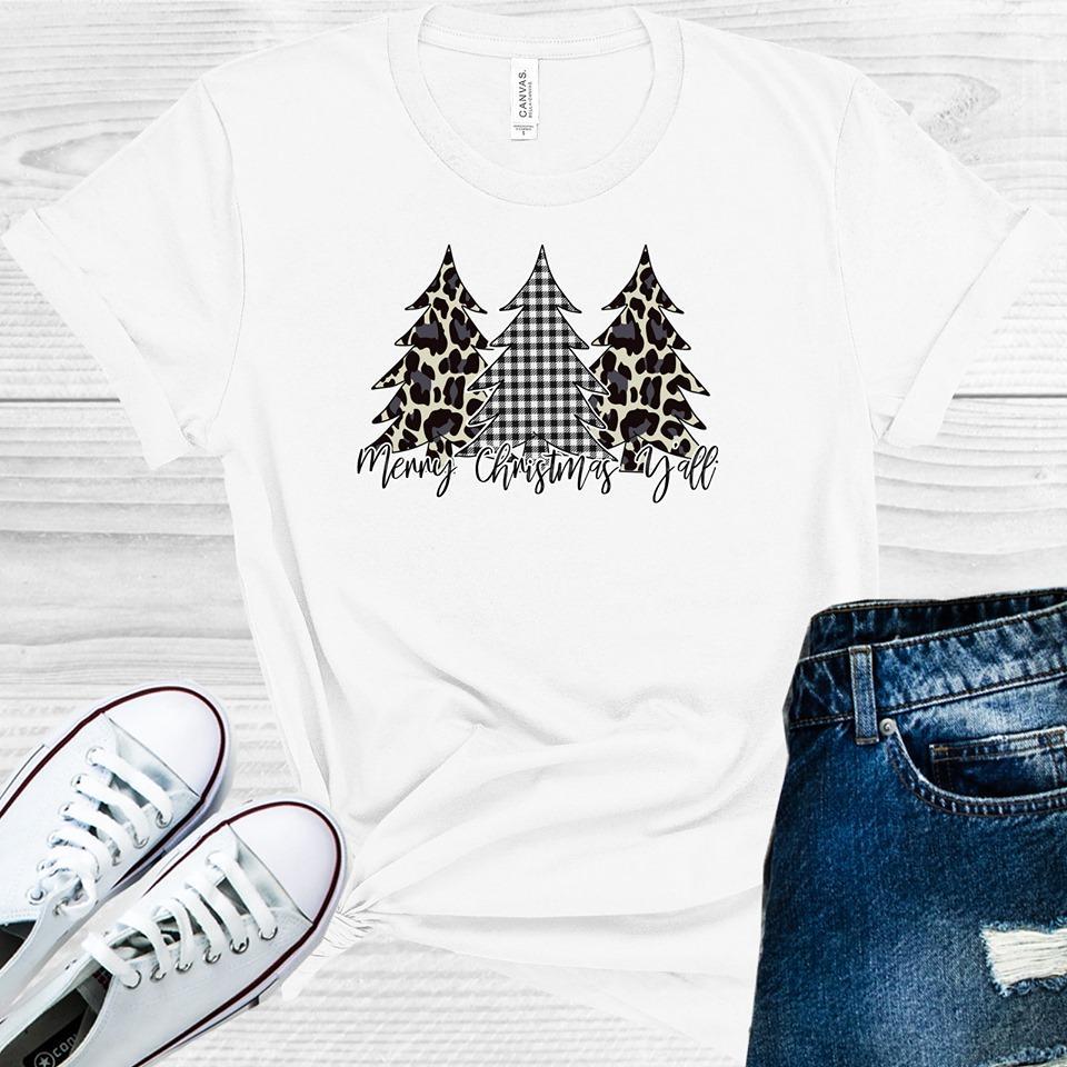 Merry Christmas Y&amp;#39;all Leopard Plaid Trees Graphic Tee