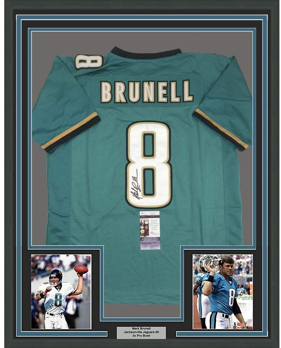 Framed Autographed/Signed Mark Brunell 35x39 Jacksonville Teal Football Jersey JSA COA
