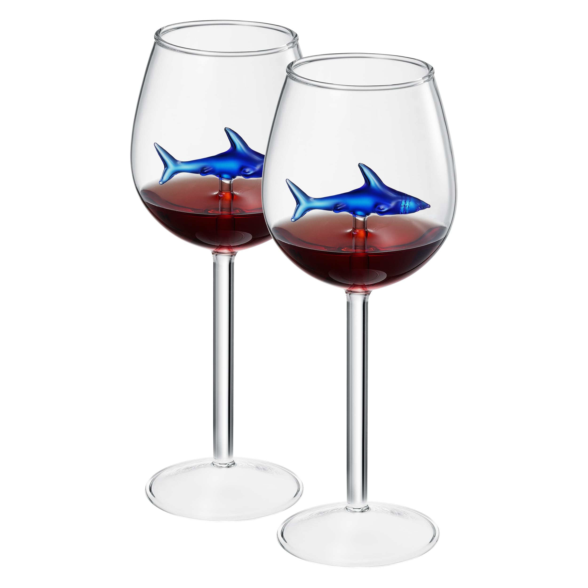 Shark-Inspired Wine Glasses Set of 2 – 13oz Stemmed Red &amp;amp; White Wine Glass with 3D Shark Inside – Unique Glassware Gift for Men, Dad, or Host