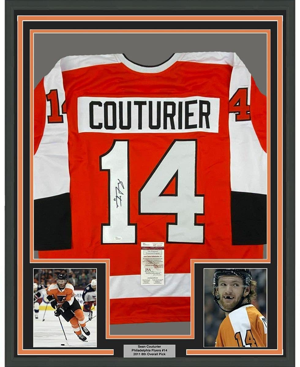 Framed Autographed/Signed Sean Couturier 35x39 Philadelphia Orange Hockey Jersey JSA COA