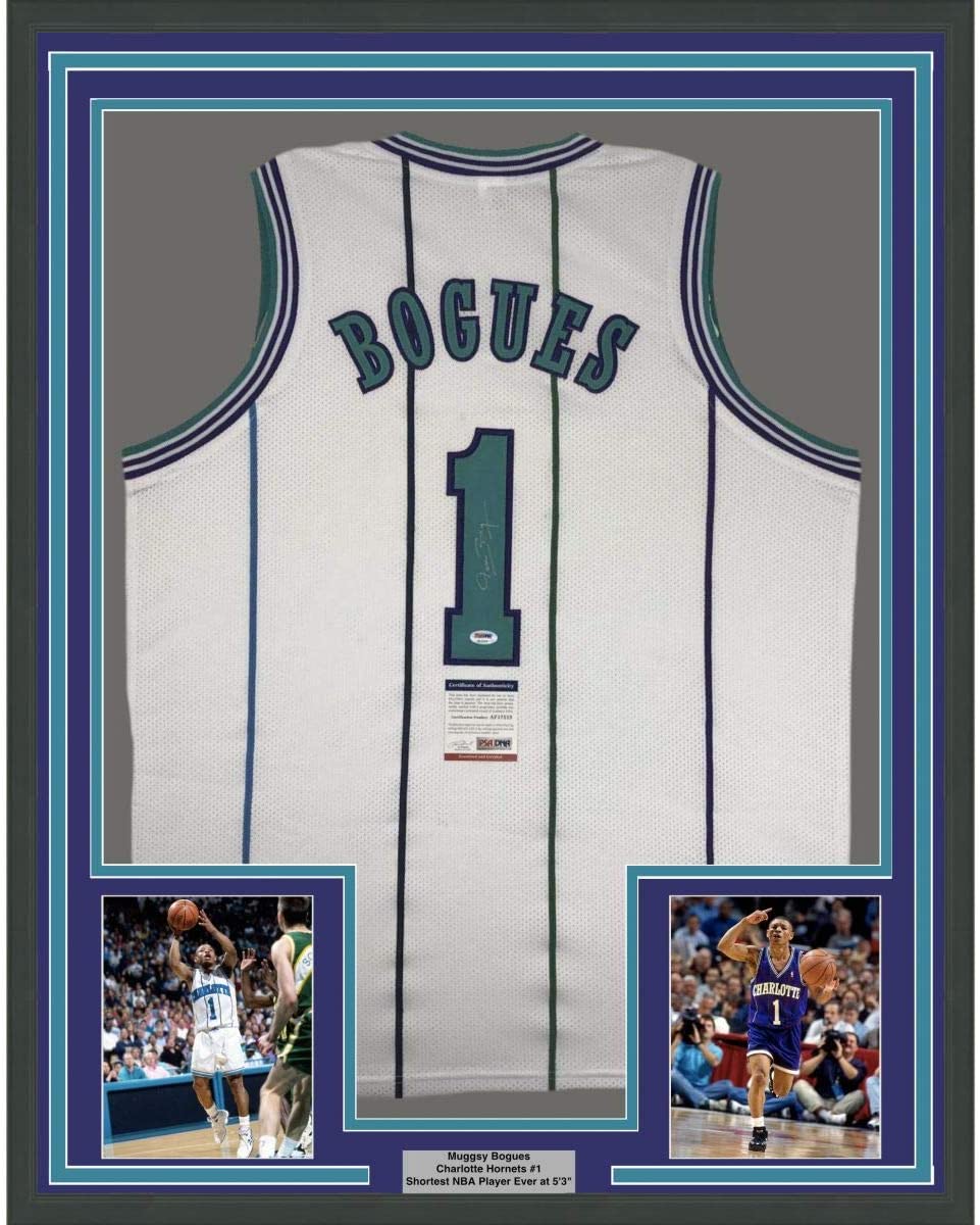 Framed Autographed/Signed Muggsy Bogues 35x39 Charlotte White Basketball Jersey PSA/DNA COA