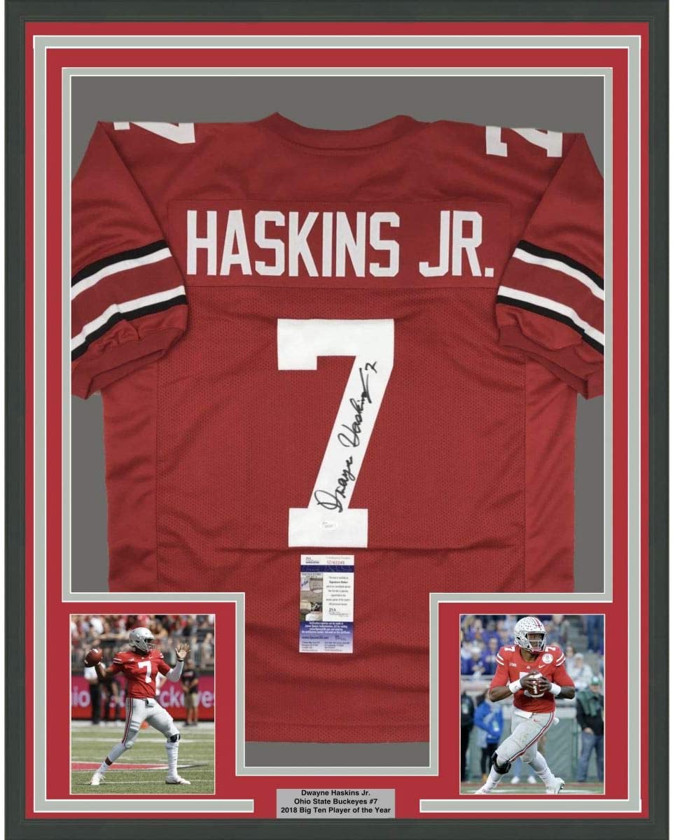 Framed Autographed/Signed Dwayne Haskins Jr. 35x39 Ohio State Red College Football Jersey JSA COA