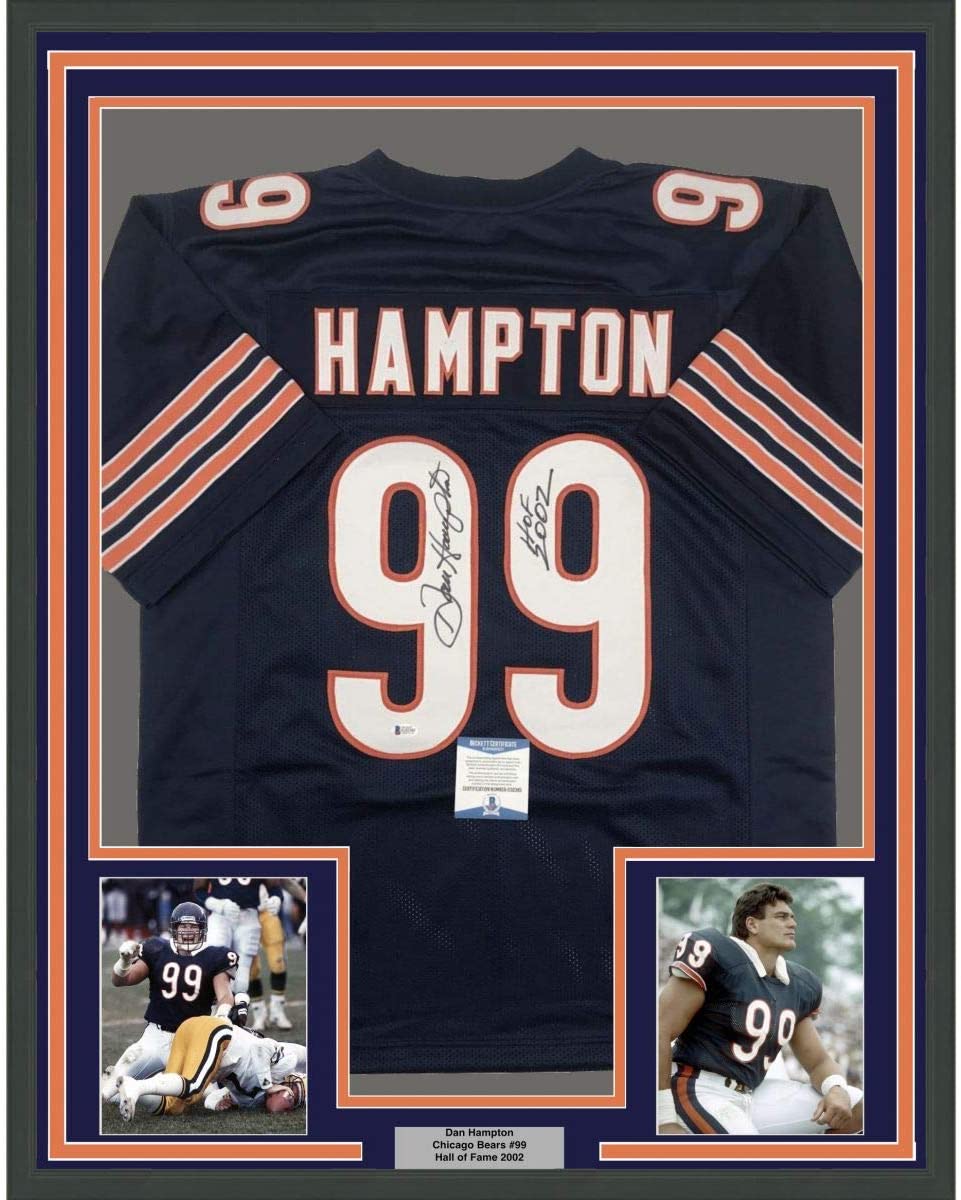 Framed Autographed/Signed Dan Hampton HOF 2002 35x39 Chicago Blue Football Jersey Beckett BAS COA
