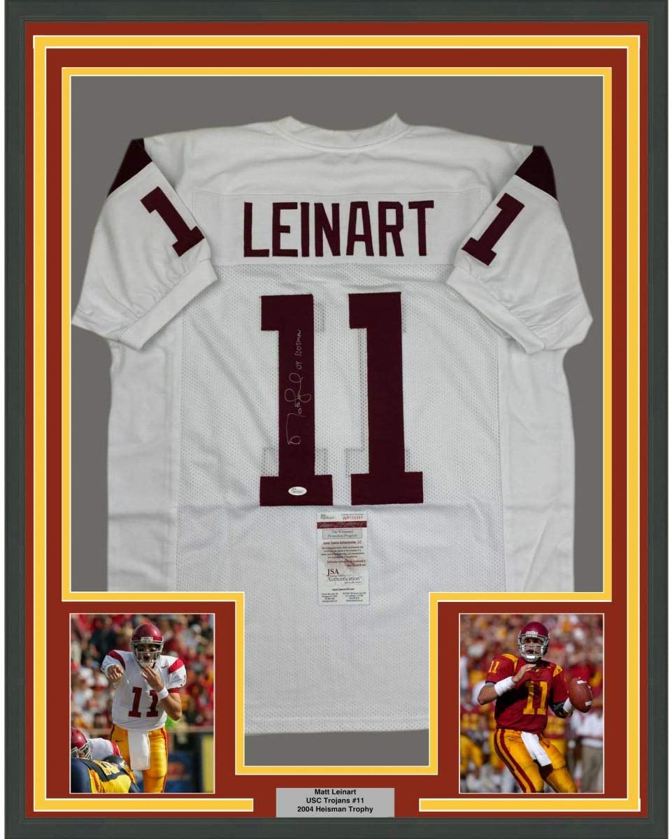 Framed Autographed/Signed Matt Leinart 04 Heisman 35x39 USC Southen Cal White College Football Jersey JSA COA