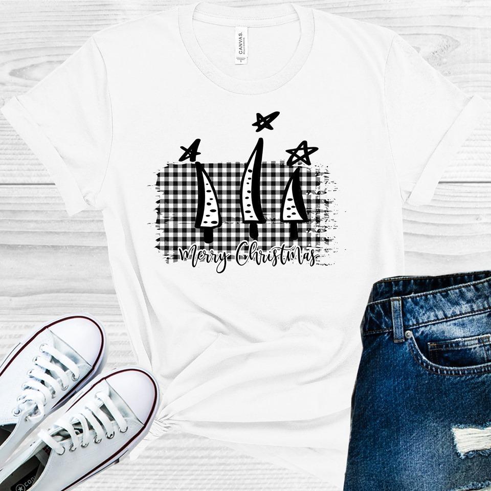 Merry Christmas Black and White Plaid Graphic Tee