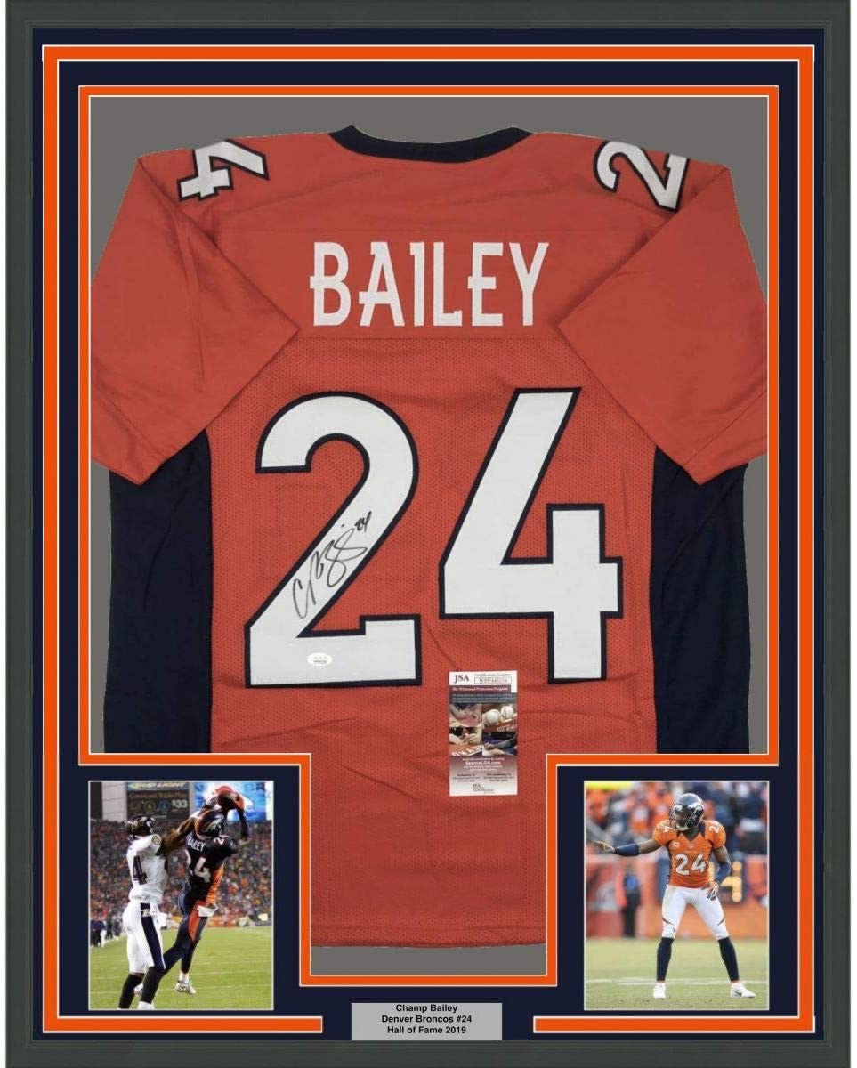 Framed Autographed/Signed Champ Bailey 35x39 Denver Orange Football Jersey JSA COA