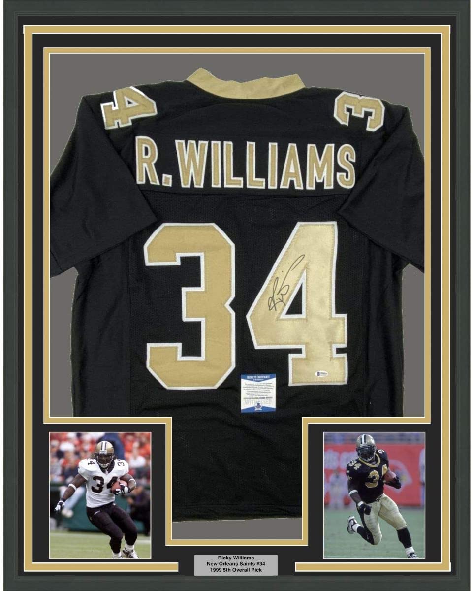 Framed Autographed/Signed Ricky Williams 35x39 New Orleans Black Football Jersey Beckett BAS COA