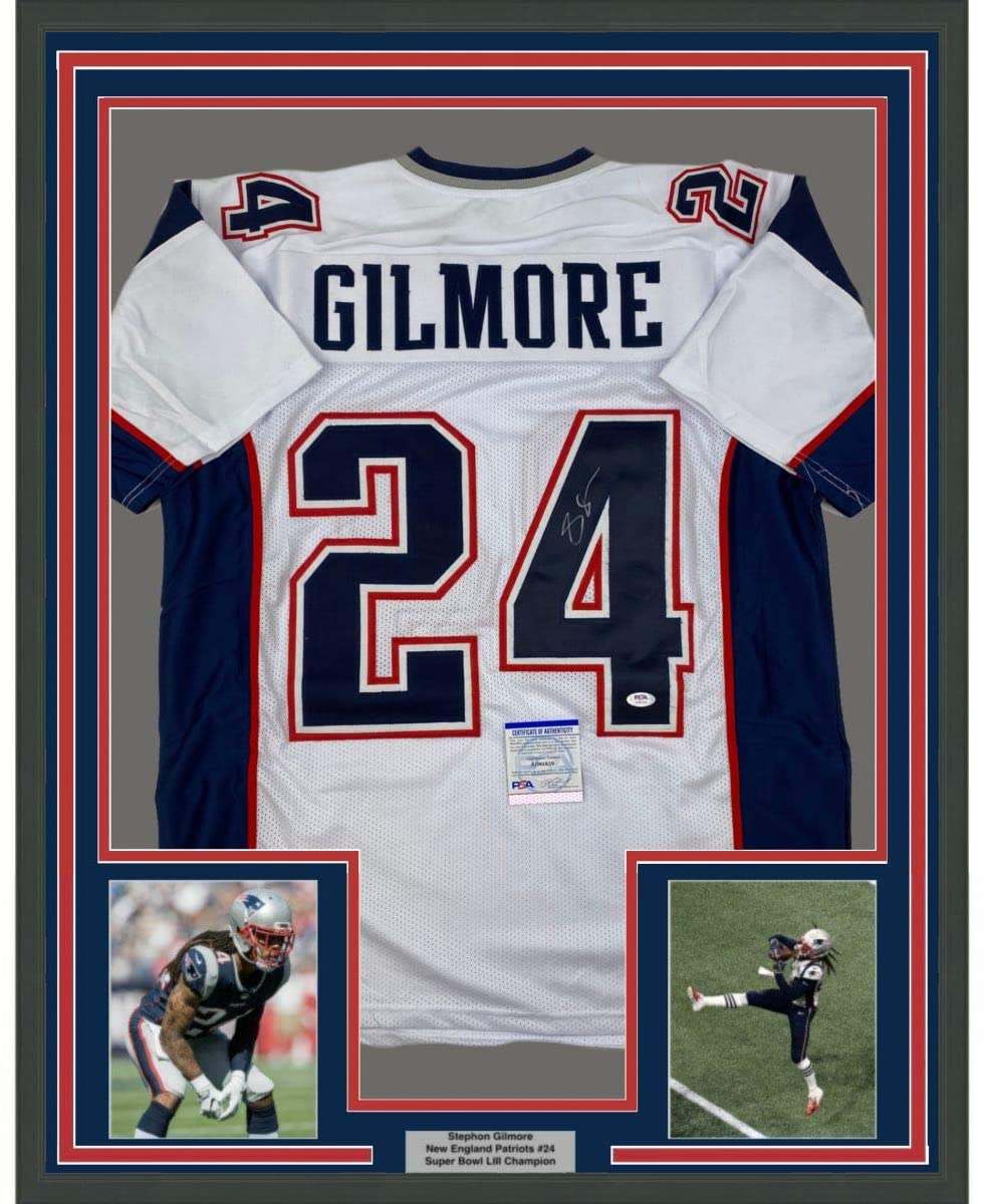 Framed Autographed/Signed Stephon Gilmore 35x39 New England White Football Jersey PSA/DNA COA