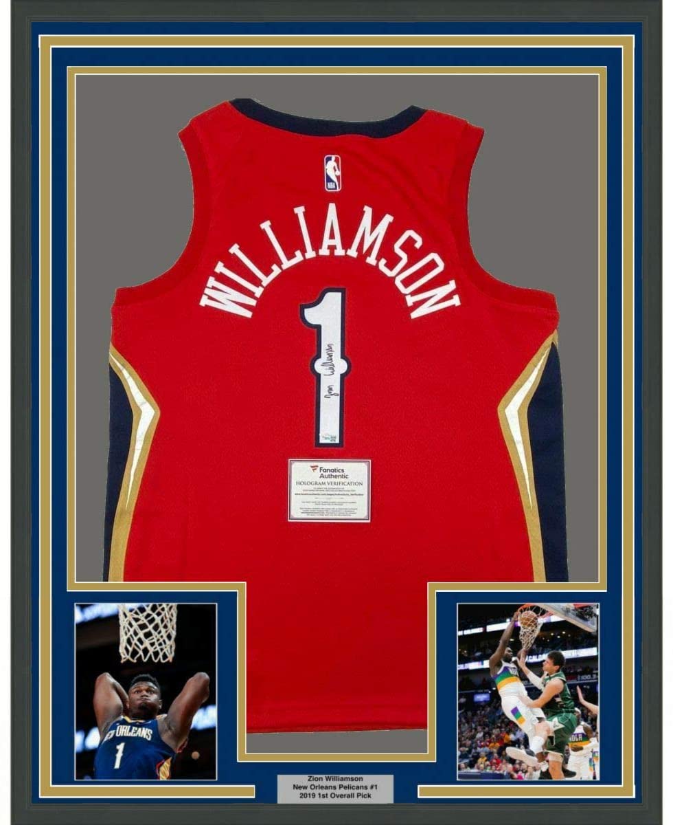 Framed Autographed/Signed Zion Williamson 35x39 New Orleans Pelicans Red Swingman Jordan Basketball Jersey Fanatics COA