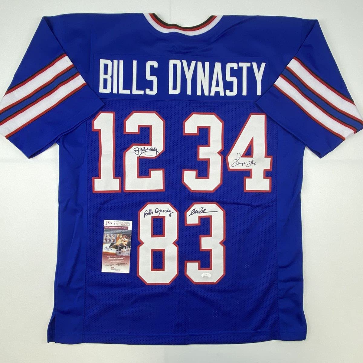 Autographed/Signed Jim Kelly Thurman Thomas Andre Reed Buffalo Dynasty Blue Football Jersey JSA COA