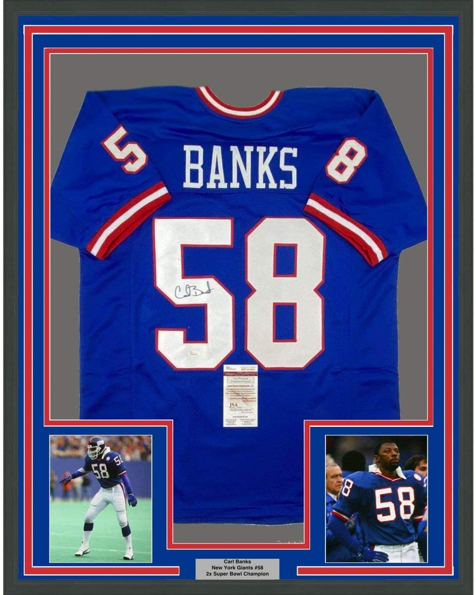 Framed Autographed/Signed Carl Banks 35x39 New York Blue Football Jersey JSA COA