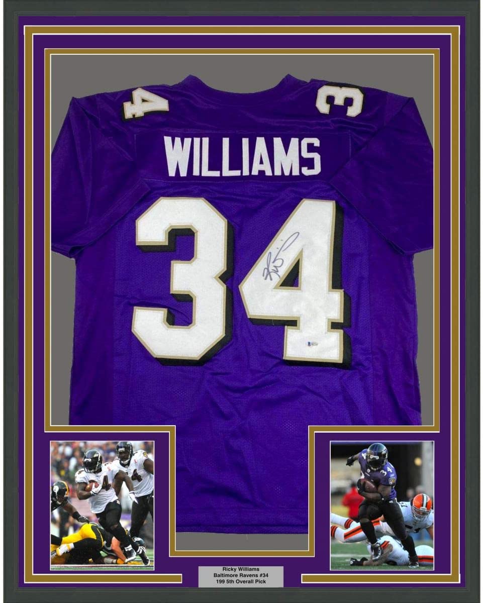Framed Autographed/Signed Ricky Williams 35x39 Baltimore Purple Football Jersey Beckett BAS COA