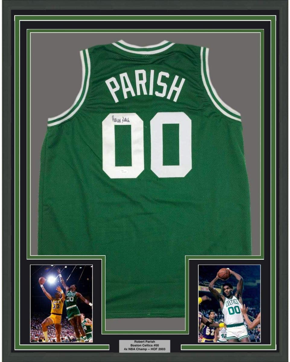Framed Autographed/Signed Robert Parish 35x39 Boston Green Basketball Jersey JSA COA Holo Only