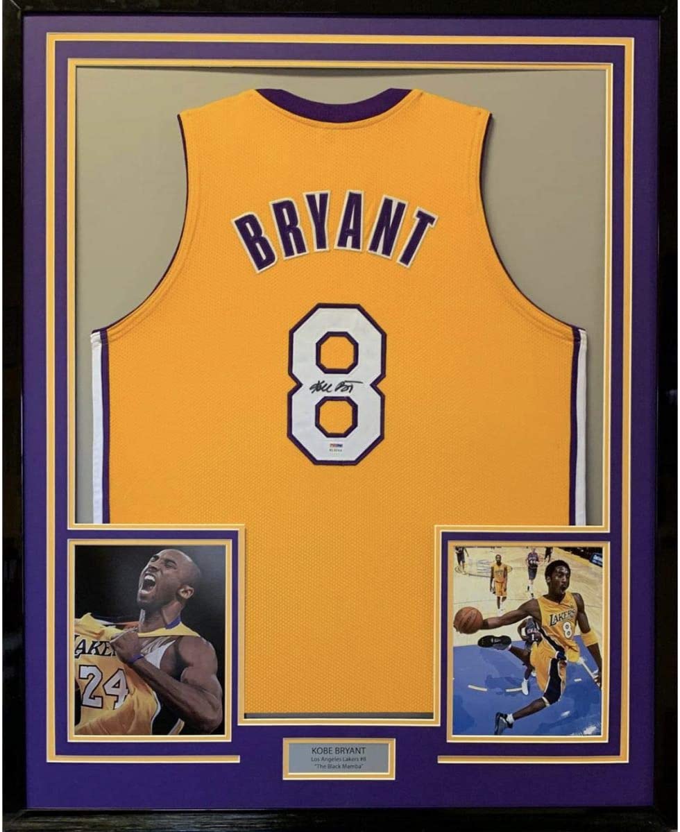Framed Autographed/Signed Kobe Bryant 35x39 Los Angeles LA Yellow Basketball Jersey PSA/DNA COA