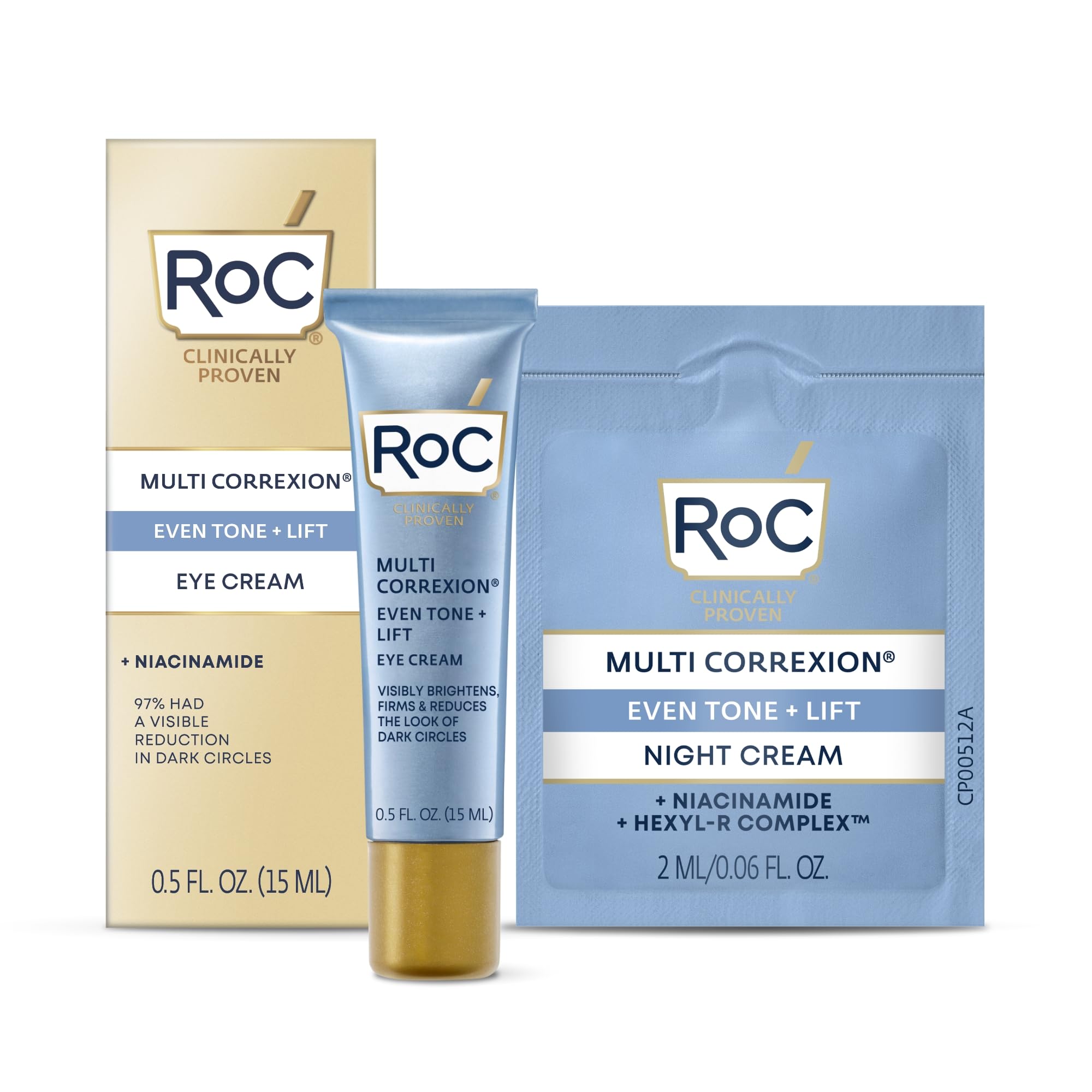RoC Multi Correxion 5 in 1 Anti-Aging Eye Cream for Puffiness, Under Eye Bags &amp;amp; Dark Circles, Skin Care Treatment with Shea Butter, (.5 oz) with Night Cream Packette (Packaging May Vary)