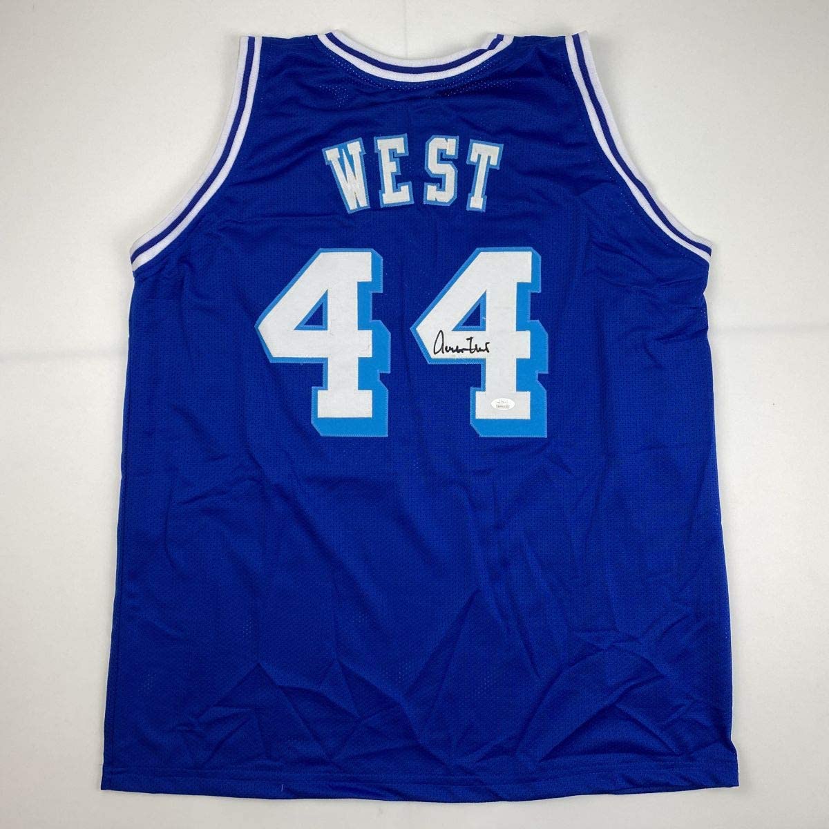 Autographed/Signed Jerry West Los Angeles LA Blue Basketball Jersey JSA COA