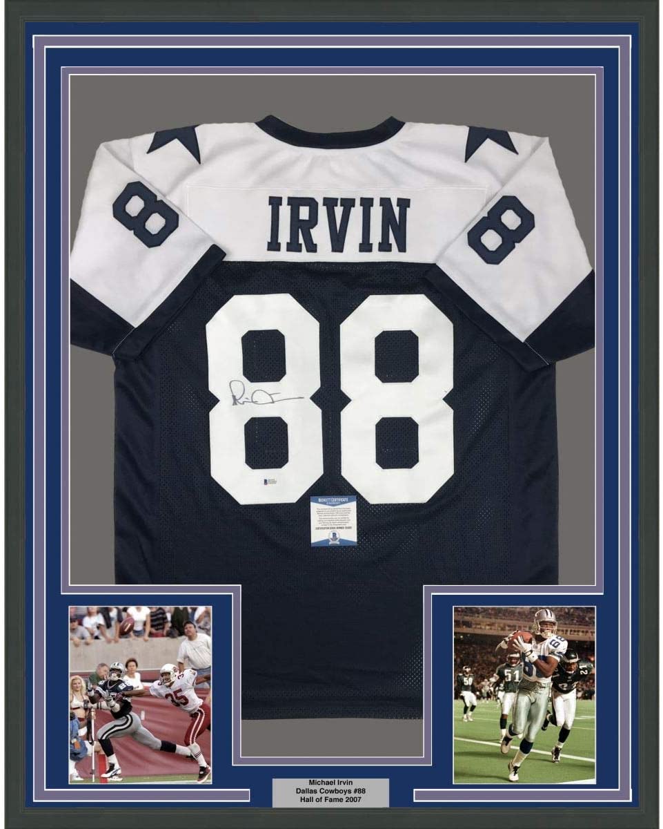 Framed Autographed/Signed Michael Irvin 35x39 Dallas Thanksgiving Day Blue Football Jersey Beckett BAS COA