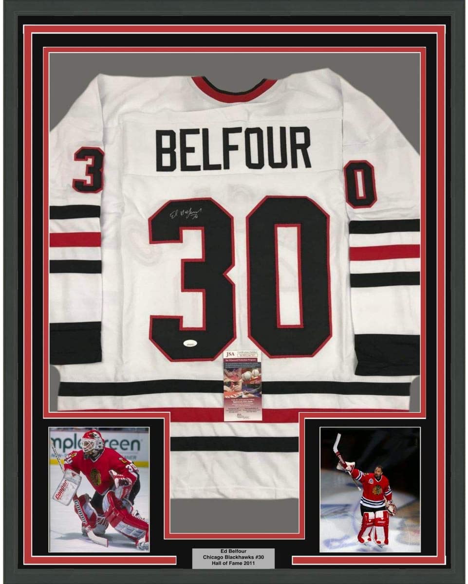 Framed Autographed/Signed Ed Belfour 35x39 Chicago White Hockey Jersey JSA COA