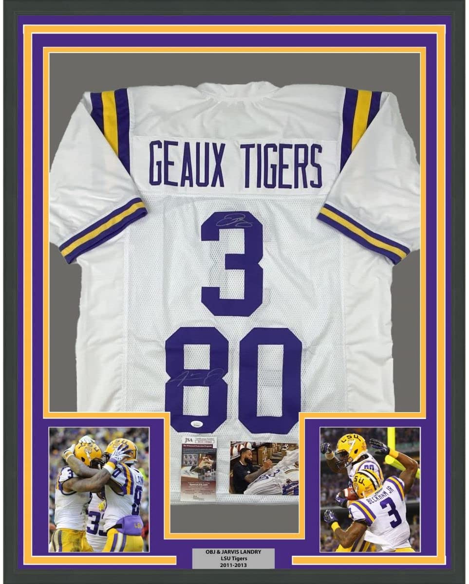 Framed Autographed/Signed Odell Beckham Jr. &amp;amp; Jarvis Landry 35x39 LSU White College Football Jersey JSA COA